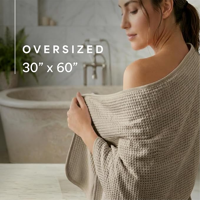 S&T INC. Aura Microfiber Waffle Bath Towels, 4 Pack, Quick-Dry, Ultra Absorbent, Lightweight Towels for Bathroom, 30 inches x 60 inches, 420GSM, Beige