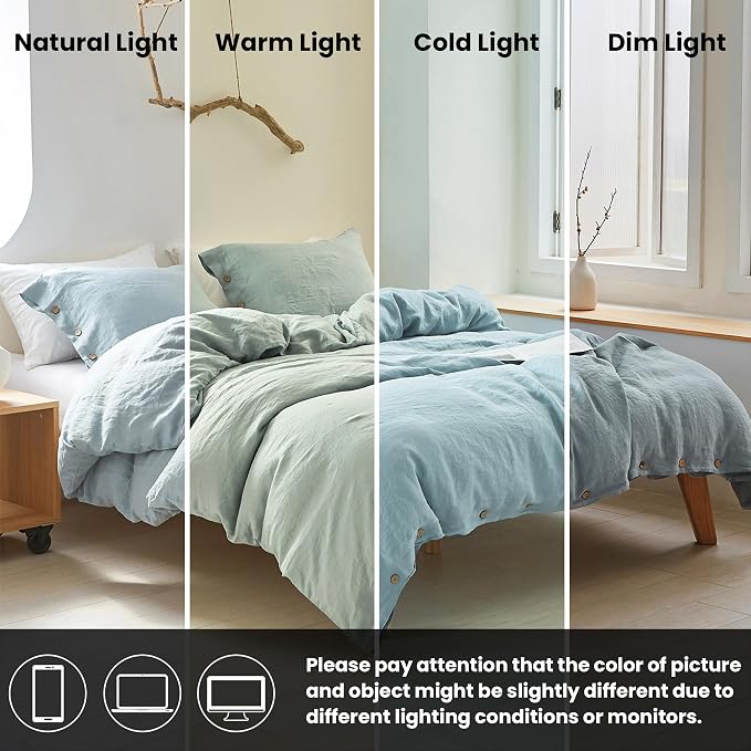 Simple&Opulence 100% Linen Duvet Cover Set 3pcs with Coconut Button Closure Natural French Washed Flax Solid Color Soft Breathable Farmhouse Bedding - Dusty Blue, King Size