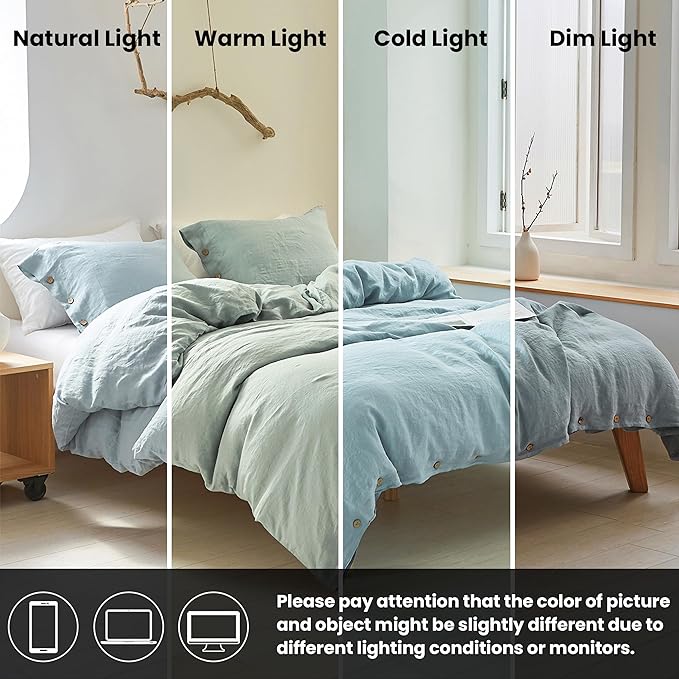 Simple&Opulence 100% Linen Duvet Cover Set 2pcs with Coconut Button Closure Natural French Washed Flax Solid Color Soft Breathable Farmhouse Bedding - Dusty Blue, Twin Size