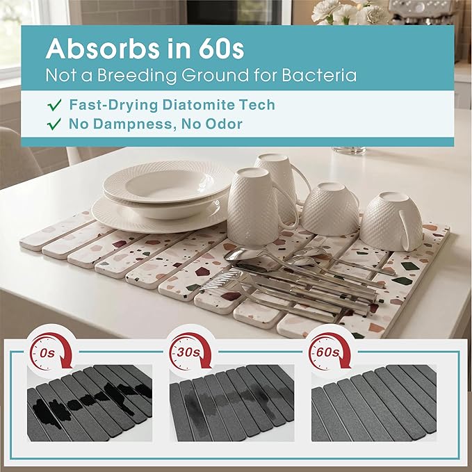 Diatomaceous Earth Stone Dish Drying Mat for Kitchen Counter – Quick Drying Mat Set (1*Large 23"×15.5" & 2*Small 7.5"×4") | Kitchen Drying Mat for Dishes, Cups & Utensils, Sink Mat (Multi-color)