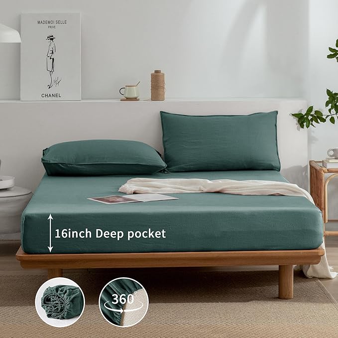 EVERLY Linen Sheets King Size,100% Stonewashed Pure French Linen Sheets 16Inch Deep Pocket Sheets,3Pieces (1Flat Sheet,1Fitted Sheet,2Pillowcase) Natural Flax Soft and Breathable For Hot Sleepers-Aqua