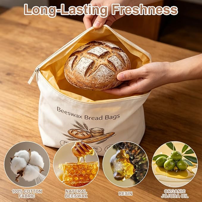 Beeswax Bread Bags 2 Pack Reusable Cotton Sourdough Storage Eco | L-zipper opens wide for easy loading. Beeswax coating keeps bread fresh. Washable, freezer-safe. 2 designs.