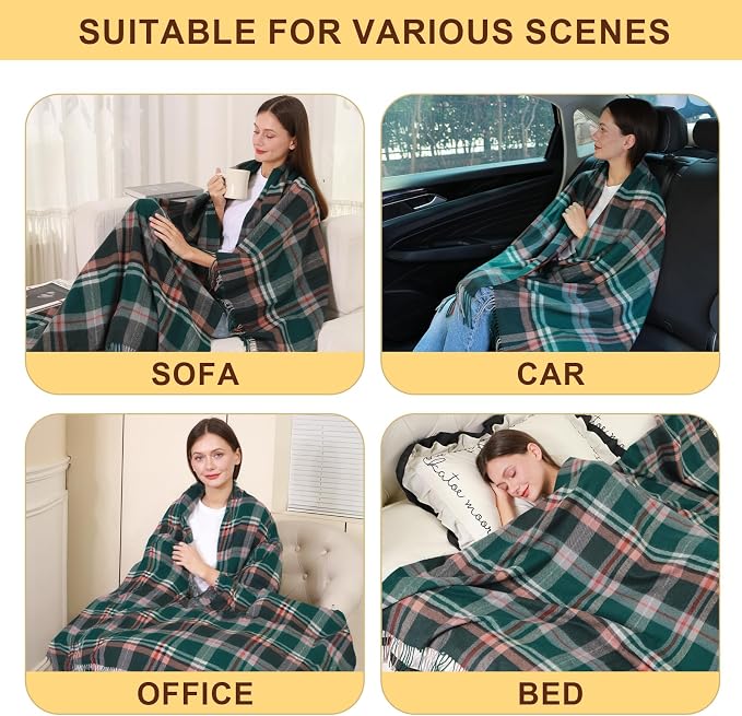 Woolly Throw Pure Wool Blanket - Large 55x83 inches, 1.5 lbs,Wool Fringed Knee Throw Blanket for Couch Bed Outdoor Travel,Soft Lightweight Breathable Blanket for All Season,Green Check