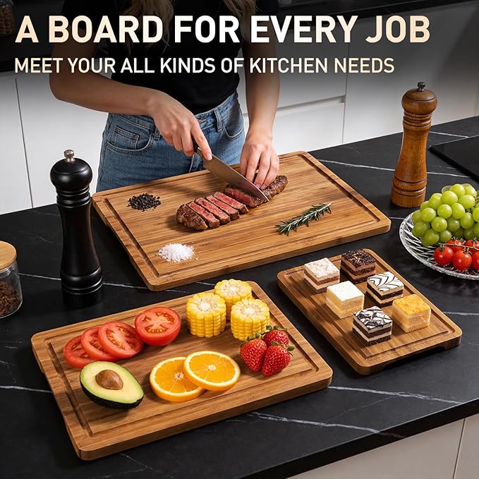 3 Pack Bamboo Cutting Board Set with Non Slip Feet Solid Wood Cutting Boards for Kitchen Non Toxic Wooden Chopping Boards Small Plastic Free Butcher Block Hardwood Serving Cheese Charcuterie Board