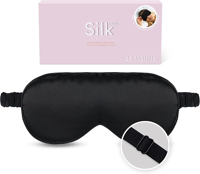 Organic Natural Silk Sleep Mask: 100% Mulberry Silk 25 Momme 6A Soft Pure Eye Mask for Sleeping with Adjustable Strap Zero Pressure Blindfold Nap Travel Essentials Gift (02 Black, 25 Momme)