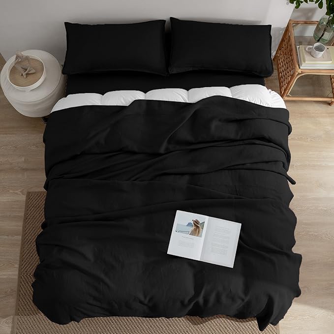 EVERLY Linen Sheets Set Queen Size,100% French Stonewash Pure Linen Sheets Set,4Pieces (1Flat Sheet,1Fitted Sheet,2Pillowcase) Suitable for Hot Sleepers,Deep Pocket Natural Bedding Set-Black