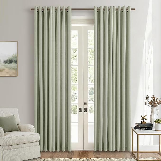 Sage Semi Sheer Linen Curtains for Living Room 96 Inches Long Bronze Grommet Flax Privacy Non See Through Drapes Light Green Boho Neutral Modern 96 Inch Bay Window Bedroom Curtains 2 Panel Set