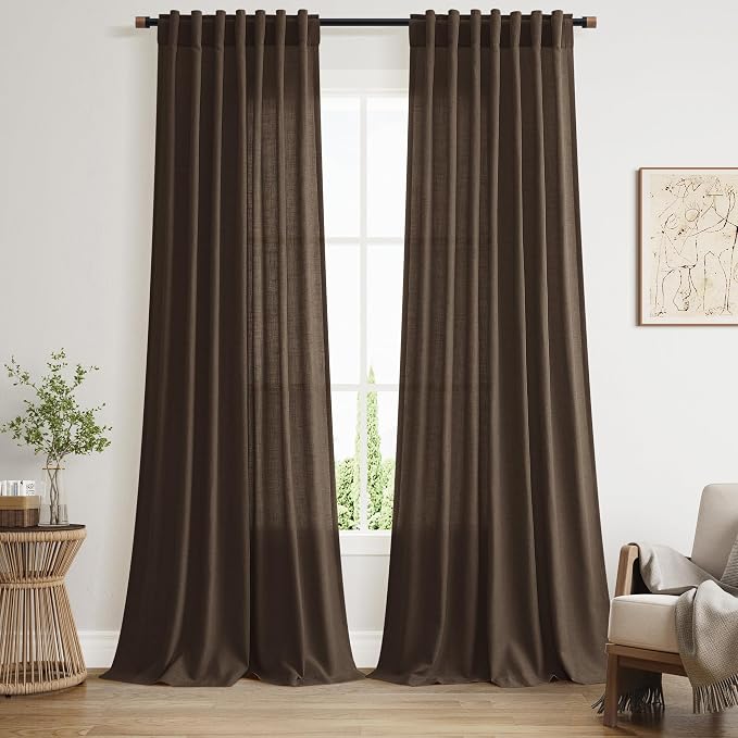 Nanspring Chocolate Linen Blend Light Filtering Back Tab Curtains 108 Inches Long, Semi Sheer Privacy Drapes for Living Room & Bedroom, 52x108 inch, 2 Panels