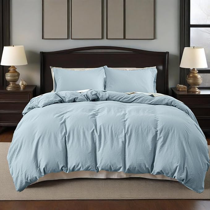 QKTE French Linen Duvet Cover Set, 3 PCS Natural French Flax Dusty Blue Duvet Cover Queen Size, Breathable Soft Comfy Linen Bedding Comforter Cover with 2 Pillowcases(Dusty Blue, 88" x 92")