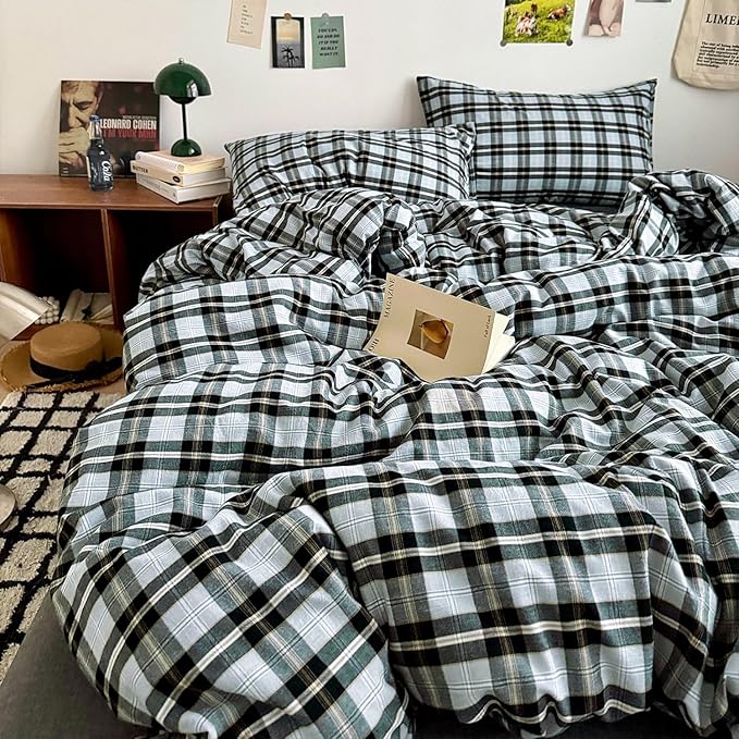 mixinni Vintage Grey & Pale Blue Buffalo Plaid Duvet Cover Set Twin XL Size - 3 Piece Washed Cotton Bedding Set with Grid Pattern, Soft & Breathable Duvet Cover with Pillowcases for Boys, Men& Women