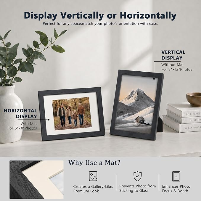 VCK 8x12 Picture Frames Black - 3 Pack, Wide Border Solid Wood, Tempered Glass, Display 6x8 Photo with Mat or 8 x 12 Without, for Home, Office, Gallery, Woodgrain Series, Tabletop & Wall Hanging