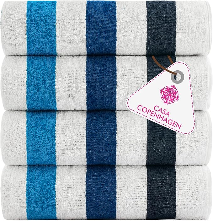 CASA COPENHAGEN Monaco Beach Towels Designed in Denmark Rough and Tough, Quick Dry, for Pool, Bath & Shower 30x60 inches 4 Pieces Cotton Beach Bath Towels Set - Multi Blue