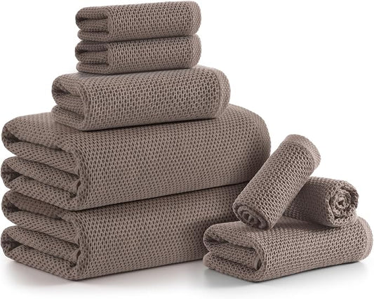 REDKISS Quick Dry Waffle Towel Set of 8, 100% Cotton,Lightweight & Highly Absorbent Waffle Towels for Bathroom, Spa, Gym, Pool-2 Bath Towels, 2 Hand Towels & 4 Washcloths,Brown