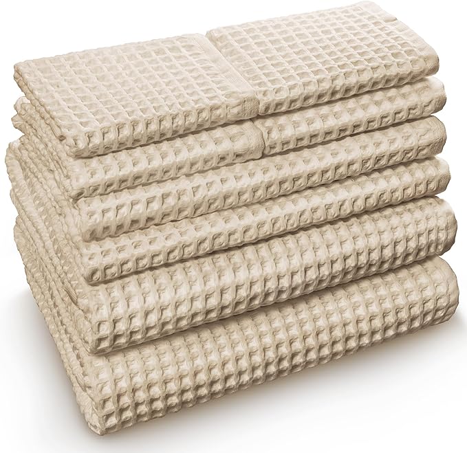 Softerry European Waffle Weave Bath Towel Set of 8-100% Organic Cotton - Quick Dry Lint Free Thin and Absorbent - Fade Resistant - Eco-Friendly (Natural)