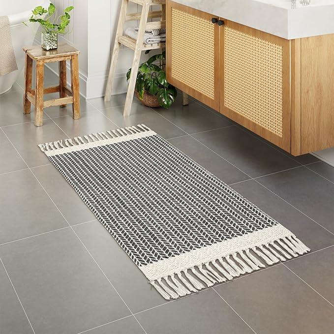 Lahome Belle Boho Kitchen Runner, 2x4.3 Bathroom Runner Rug Lightweight Entryway Rug Woven Cotton Throw Mat with Tassels, Farmhouse Non Shedding Washable Grey Rugs Low Pile for Bedroom Doorway