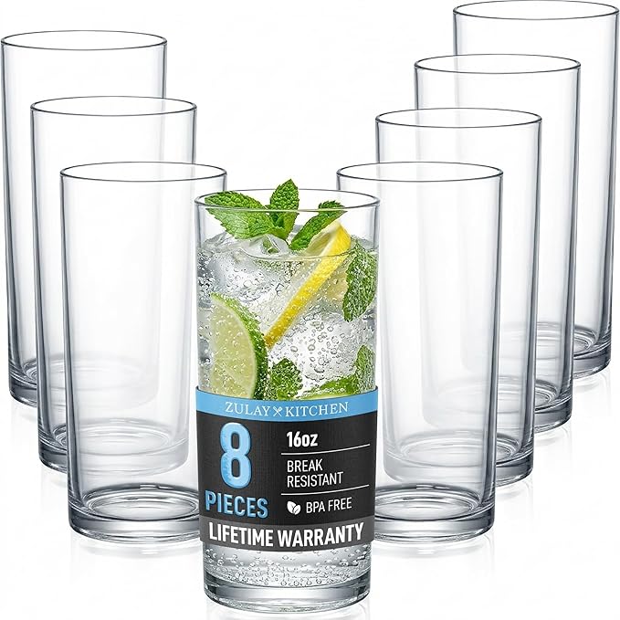 Zulay Kitchen Plastic Drinking Glasses (Set of 8) – 16oz Acrylic Shatterproof Water Cups for Home, Kitchen & Outdoors – Crystal Clear Glass Look – BPA & Lead-Free – Top-Rack Dishwasher Safe