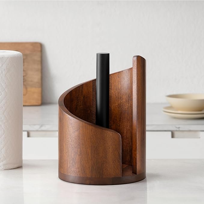 Anji Mountain Wooden Paper Towel Holder Countertop with Mango Wood Round Base and Iron Holder, Holder Stand for Kitchen Roll Organizer & Kitchen Dining Table Home Decor - Walnut/Black, Classic
