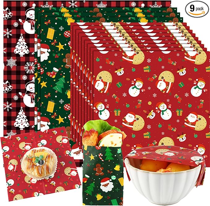 Ctosree 9 Pack Christmas Beeswax Wraps for Food 14.17" 11.42" 7.48" Reusable Beeswax Storage Wrap Bread Sandwich Wrapper for Christmas Kitchen Storage Bowl Covers