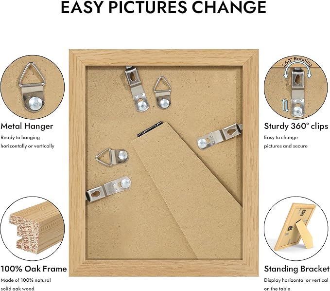 Hongkee 4x5 Oak Wood Picture Frame (1 Pack, Natural) with Real Glass Cover | Solid Wood 4 x 5 Small Frame for Wall or Tabletop Display - Includes Easel Back, Vertical Hang - Ideal for Home, Office