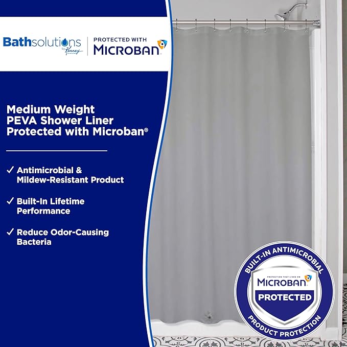 Kenney - Microban PEVA Shower Curtain Liner, Waterproof Medium-Weight 4.8 Gauge Design with Rust-Resistant Metal Grommets and Weighted Magnetic Hem, 70" x 72", Gray