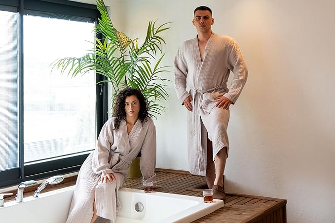 Muslin Unisex Bathrobe Women & Men, 100% Cotton Kimono Lightweight Robe | Long Robes Soft, Absorbent, Spa robes