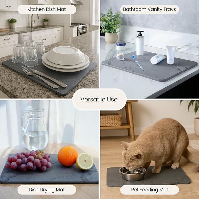 Diatomite Stone Dish Drying Mat for Kitchen Counter & Sink – Quick Dry, Super Absorbent, Non Slip, Eco Friendly Water Absorbing Tray, Heat Resistant 16x12”