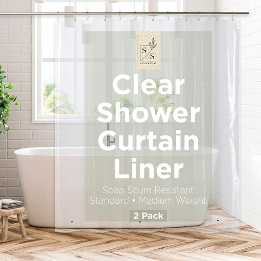Stitch & Stone Shower Curtain Liner, Premium Medium Weight Durable Waterproof 6g PEVA for Bathroom with Weighted Magnets, Standard Size 72" x 72", Clear 2 Pack