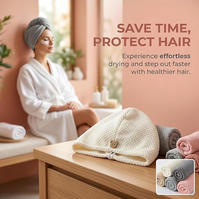 1 Pink Microfiber Hair Towel Wrap for Women, Extra Long Super Absorbent Hair Drying Towel with Bear Button, Quick Dry Anti-Frizz Hair Turban for Curly Thick Hair, Lightweight for Long Short Hair