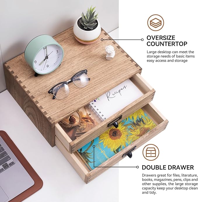 KIRIGEN Wooden Desk Organizer with 2 Drawers, Wood Desktop Storage Cabinet, Shallow Office Drawer Organizer for Printer Paper and Mail, No Assembly, 13.78 W x 10.6 D x 5.9 H In, FAX-DBR