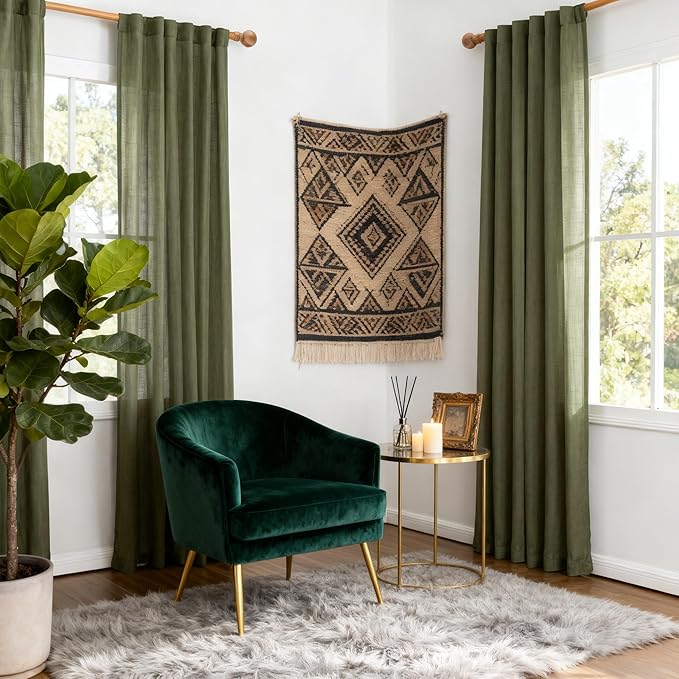 MYSKY HOME Curtains for Living Room 84 Inches Long Semi Sheer Light Filtering Privacy Drapes Linen Look Textured Boho Home Decor, Backdrop Curtain for Parties, 50" x 84", Olive Green, 2 Panels