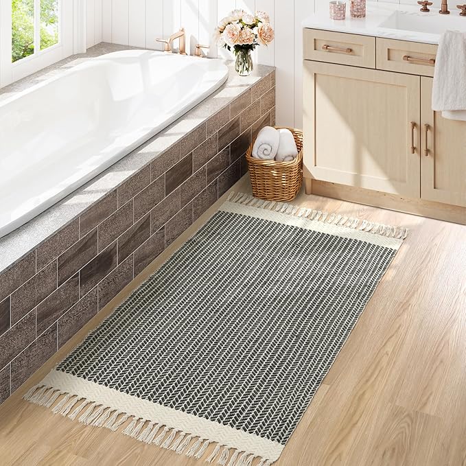 Lahome Belle Boho Living Room 3x5 Washable Rugs for Entryway Lightweight Woven Grey Mat with Tassels, Farmhouse Bathroom Rug Non Shedding Area Carpet for Bedroom Office Camper RV Decor