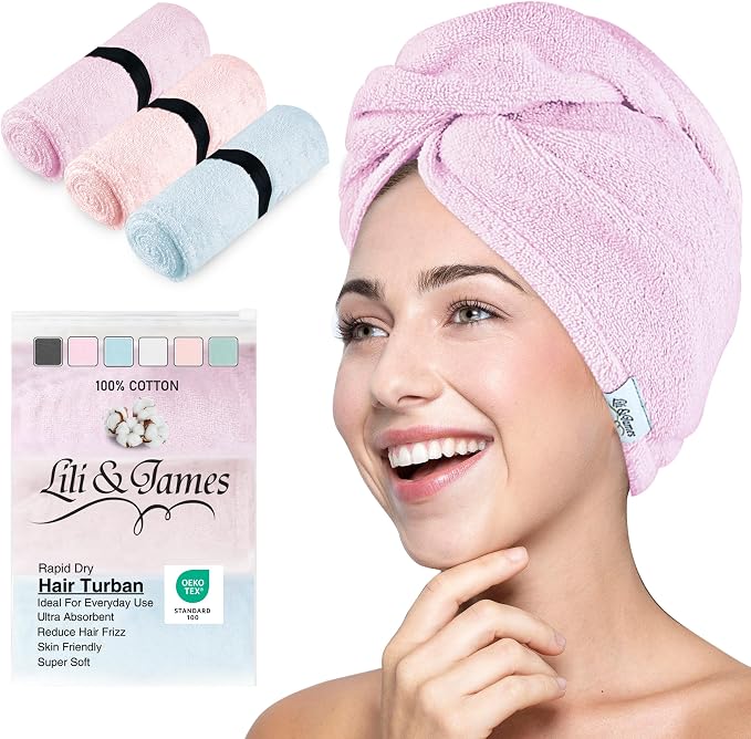Lili&James 100% Cotton Hair Towel Wrap for Women & Kids – 420 GSM Quick Dry Hair Turban with Double Button Loop, Anti Frizz Non Microfiber Hair Drying Towel for Long & Thick Hair (Blue+Pink+Aqua)