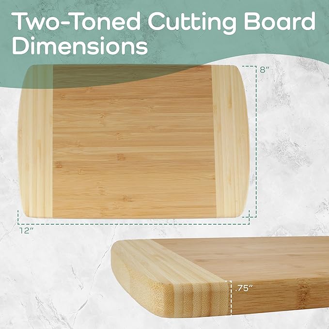 BambooMN Premium Bamboo Natural Two-Tone Kitchen Cutting and Serving Board, Small - 12" x 8" x 0.75" - 1 Piece