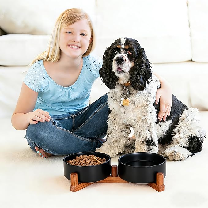 Elevated Ceramic Dog Bowls for Small Dogs, Adjustable Wooden Stand with Raised Food & Water Bowls, Modern Pet Feeding Station for Cats and Small Dogs, Non-Slip 13.5oz Black | Adjustable Wooden Stand