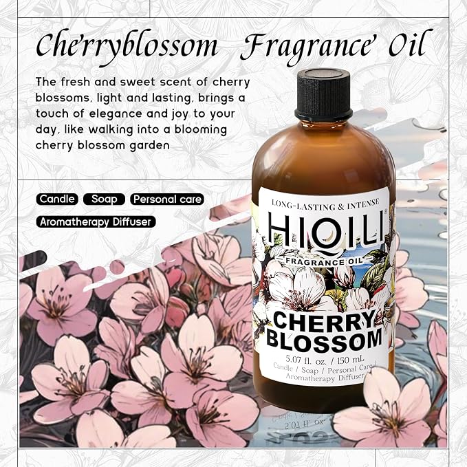 HIQILI Cherry Blossom Fragrance Oil, Floral Perfume Oil - 5.07 Fl Oz | Long-Lasting Scent for Candle & Soap Making, for Essential Oils Diffuser & Fresh Spray, DIY Skin Care and Body Product