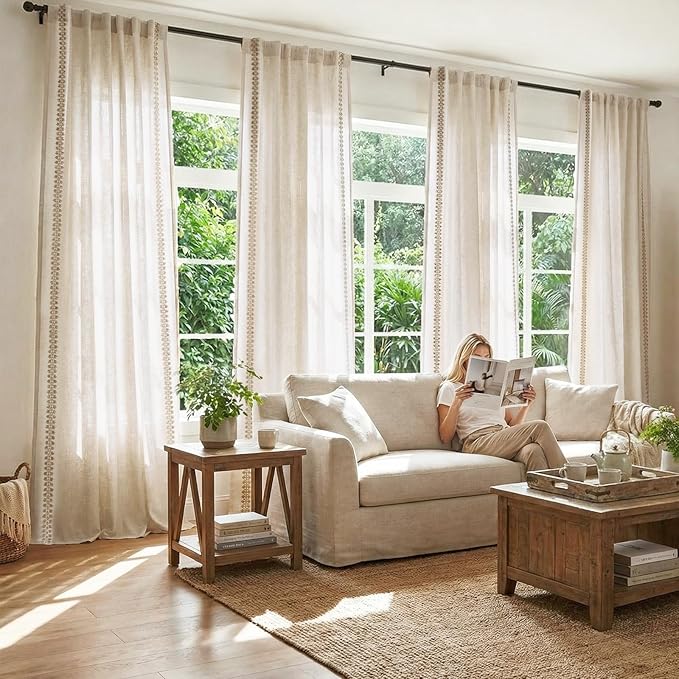 jinchan Beige Linen Blend Curtains with Woven Trim Boho Curtains 96 Inches Length 2 Panels for Living Room Bedroom Light Filtering 50 Inches Wide Rustic Farmhouse Drapes with Rod Pocket Back Tab Ecru