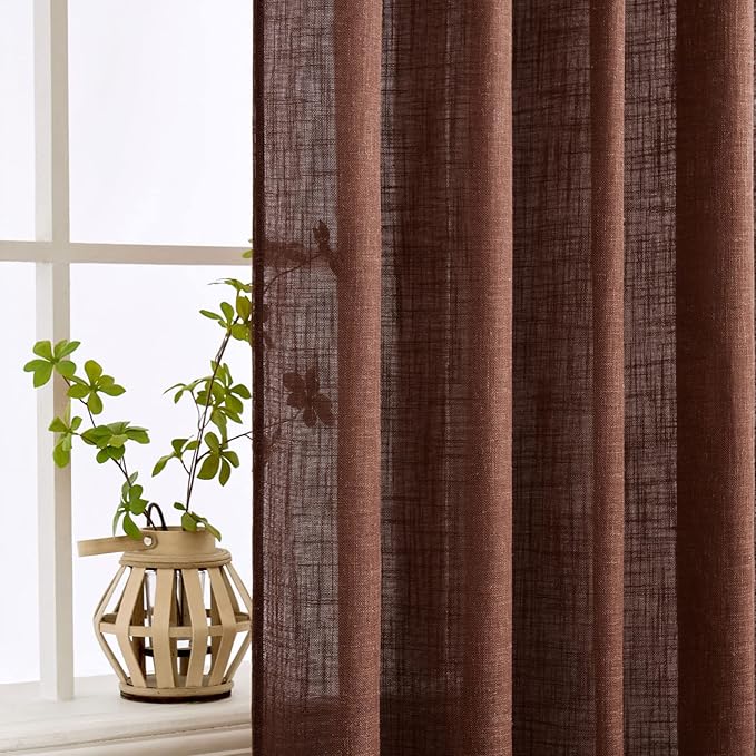 MIULEE Chocolate Brown Linen Curtains 96 Inch Long for Bedroom Living Room, Soft Thick Linen Textured Window Drapes Semi Sheer Light Filtering Back Tab Rod Pocket Burlap Look Decor, 2 Panels