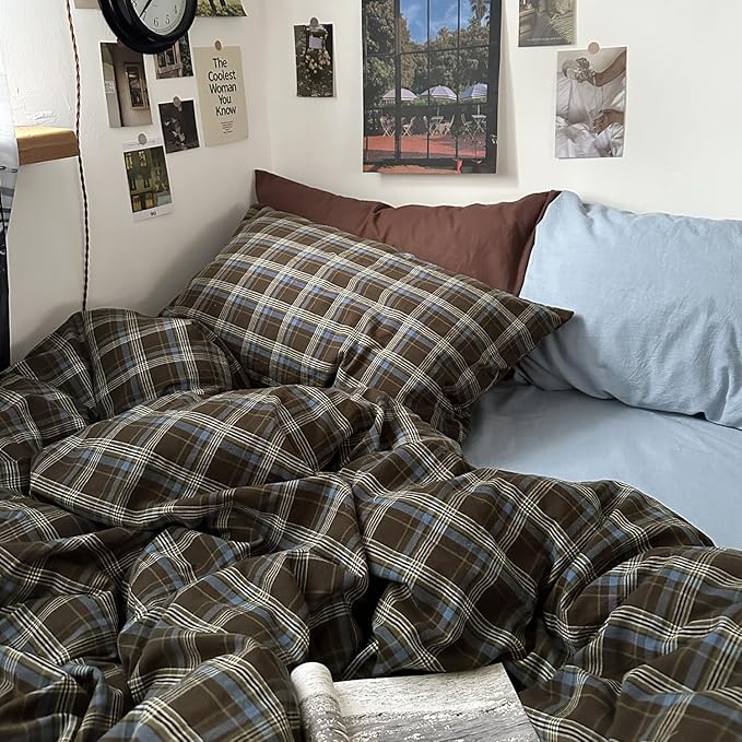 mixinni Vintage Brown & Blue Buffalo Plaid Duvet Cover Set Twin Size - 3 Piece Washed Cotton Bedding Set with Grid Pattern, Soft & Breathable Duvet Cover with Pillowcases for All Seasons
