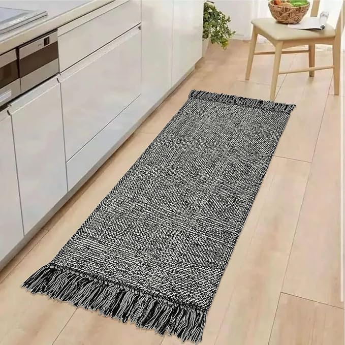 Collive Kitchen Runner Rug, 2' x 4.3' Cotton Hand-Woven Reversible Washable Rug, Black Bathroom Rugs Modern Farmhouse Hallway Carpet for Foyer Bedroom Entry Back Door Decor