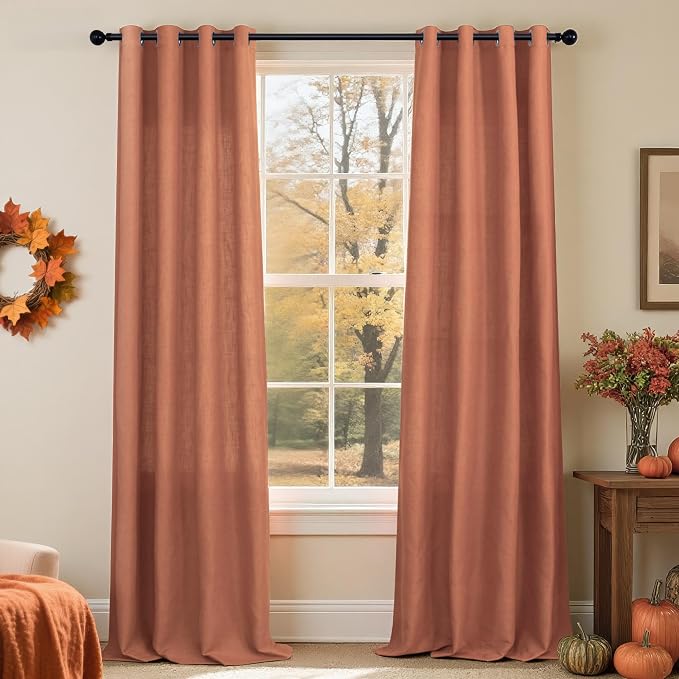 Pitalk Terracotta Curtains 84 Inch Length 2 Panels Sheer Linen Light Filtering Grommet Bohemian Boho Curtains for Living Room Bedroom Extra Wide 52 Inch by 84 Inches Long Rust Colored Red Brown