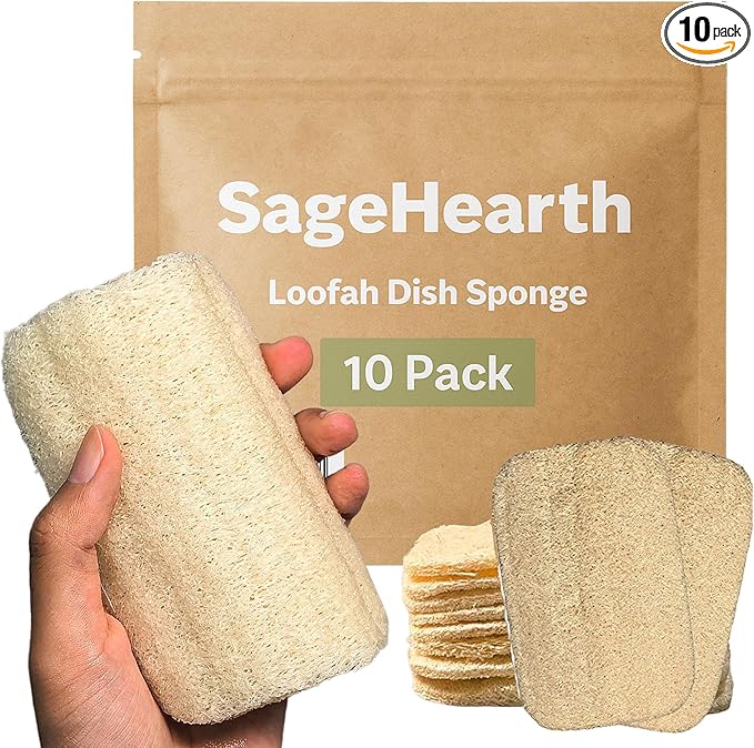 Natural Loofah Dish Sponge 10 Pack, Plant-Based Kitchen Scrubber for Dishes, Pots & Pans, Eco-Friendly Biodegradable Cleaning Sponge