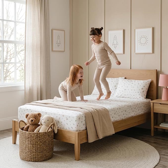 MakeMake Organics Organic Twin Fitted Sheet Set GOTS Certified Organic Cotton Fitted Sheet with 1 Pillowcase Ultra Soft Non Toxic Breathable Hypoallergenic (40"X76", Bloom)