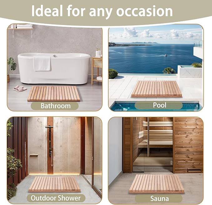 bingaai Cedar Wood Shower Mat 36" × 36" Square, Cedar Wooden Bath Mats, Wood Bath Mat for Inside or Outside Shower, Cedar Sauna Floor Mat Large,Non-Slip Shower Platform