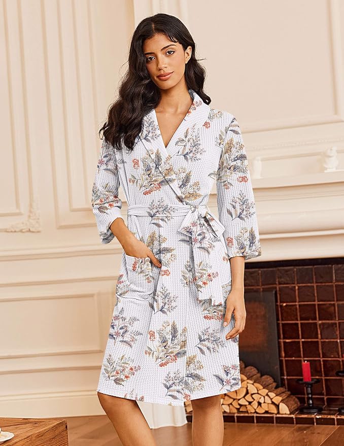 Ekouaer Robes for Women Waffle Knit Bathrobe Lightweight Kimono Robe Knee Length Loungewear with Pockets