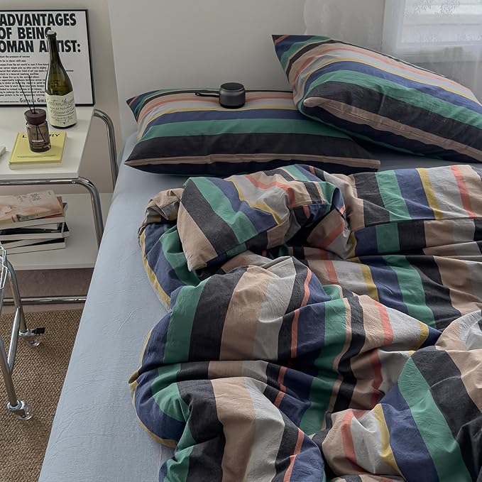 mixinni Vintage Striped Duvet Cover Full 100% Washed Cotton Bedding Set Retro Mid Century Modern Striped Duvet Cover with Zipper Closure Corner Ties for Kids Teens Dorm