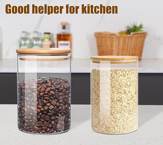6 Pack Glass Food Storage Jars with Airtight Lids, Clear Glass Jar with Bamboo Lid, Airtight Food Canister for Tea, Candy, Coffee, Sugar, Cookie, Snack. (Round | 5+6 Inch) SET of 3