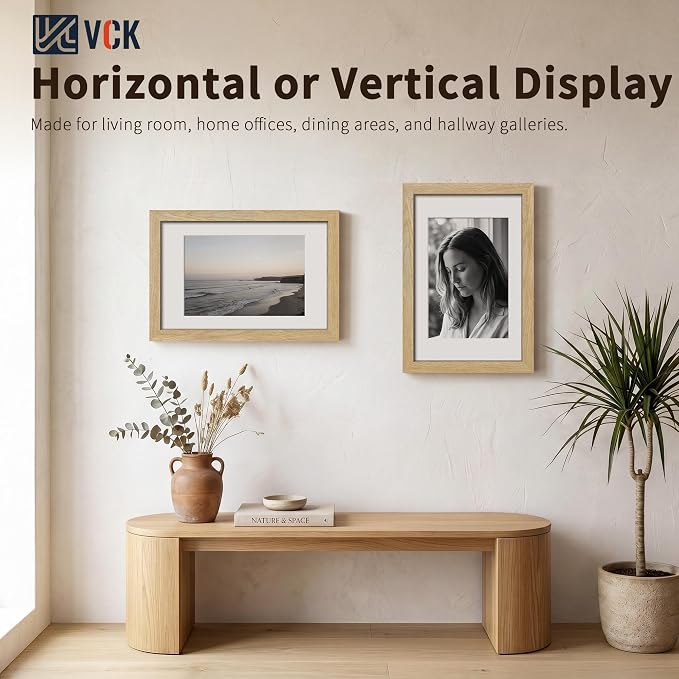 VCK 11x17 Picture Frames Natural - 3 Pack, Wide Border Solid Wood, Tempered Glass, Display 8x12 Photo with Mat or 11 x 17 Without, for Home, Office, Gallery, Woodgrain Series, Wall Hanging