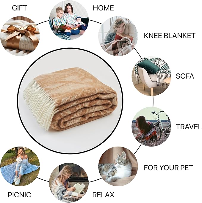 | Wool Blanket/Throw | 100% New Zealand Wool | Perfect for Home and Outdoors | Virgin Wool Blanket with Fringes 55"x79" (140 x 200 cm) (Coffee Leaves)