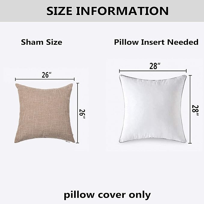 Kevin Textile Decor Burlap Pillow Covers Natural Style Lined Linen Throw Pillow Cases Cushion Cover for Bed/Sofa, 26x26 inch(2 Pieces, Natural Linen)