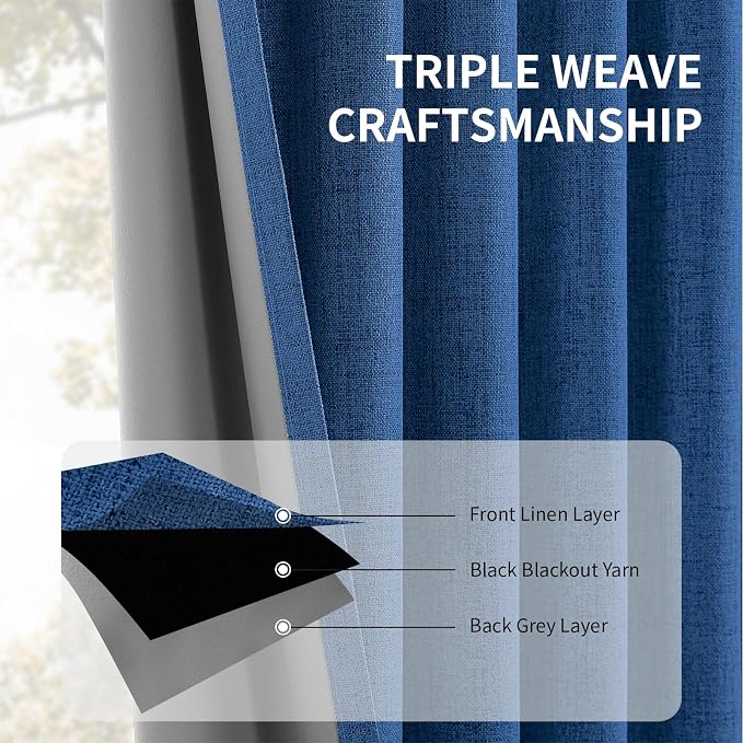 CUCRAF Linen 100% Blackout Curtains 96 Inch Length 2 Panels Set, Back Tab and Rod Pocket Curtain for Living Room Bedroom, Room Darkening Window Drapes Thermal Insulated, (52x96 inch, Navy Blue)